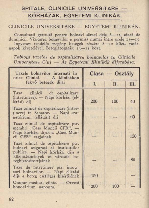 SPITALE, CLINICILE UNIVERSITARE KÓRHÁZAK, EGYETEMI KLINIKÁK. CLINICILE UNIVERSITARE EGYETEMI KLINIKÁK. Consultaţii gratuită pentru bolnavi săraci dela 8 12, afară de duminicii.