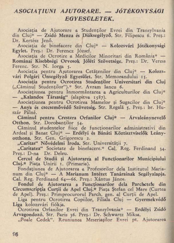 ASOCIA ŢIU NI AJUTORARE. JÓTÉKONYSÁGI EGYESÜLETEK. Asociaţia de Ajutorare a Studenţilor Evrei din Transylvania din Cluj* Zsidó Menza és Diáksegélyző. Str. Filipescu 6. Preş.: Dr. Kertész Jenő.