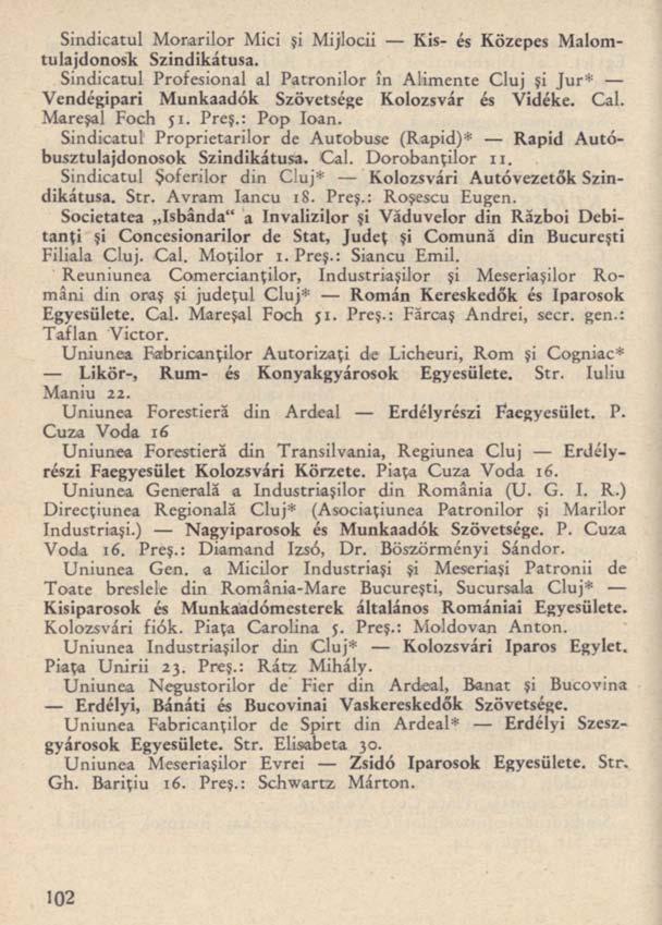 Sindicatul Morarilor Mici şi Mijlocii Kis- és Közepes Malomtulajdonosk Szindikátusa. Sindicatul Profesional al Patronilor în Alimente Cluj şi Jur* Vendégipari Munkaadók Szövetsége Kolozsvár és Vidéke.