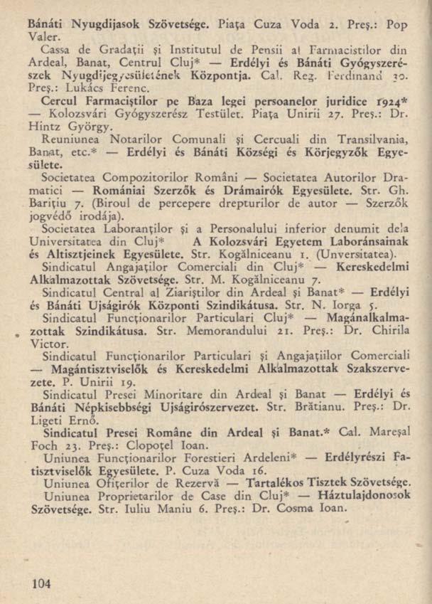 Bánáti Nyugdijasok Szövetsége. Piaţa Cuza Voda 2. Preş.: Pop Valér. Cassa de Gradaţii şi Institutul de Pensii a!