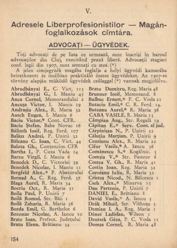 V. Adresele Liberprofesionistilor Magánfoglalkozások címtára. ADVOCAŢI ÜGYVÉDEK. Toţi advocaţi de pe lista ce urmează, sunt înscrişi în baroul advocaţilor din Cluj, execitând praxă liberă.