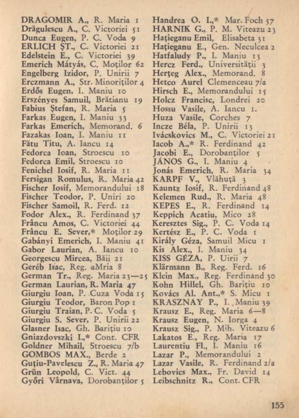 DRAGOMIR A., R. Mark i Handrea O. I.,* Mar. Foch $7 Drăgulescu A., C. Victoriei ji HARNIK G., P. M. Viteazu 23 Dunca Eugen, P. C. Voda 9 Haţieganu Emil, Elisabeta 31 ERLICH ŞT., C. Victoriei 21 Haţieganu E.