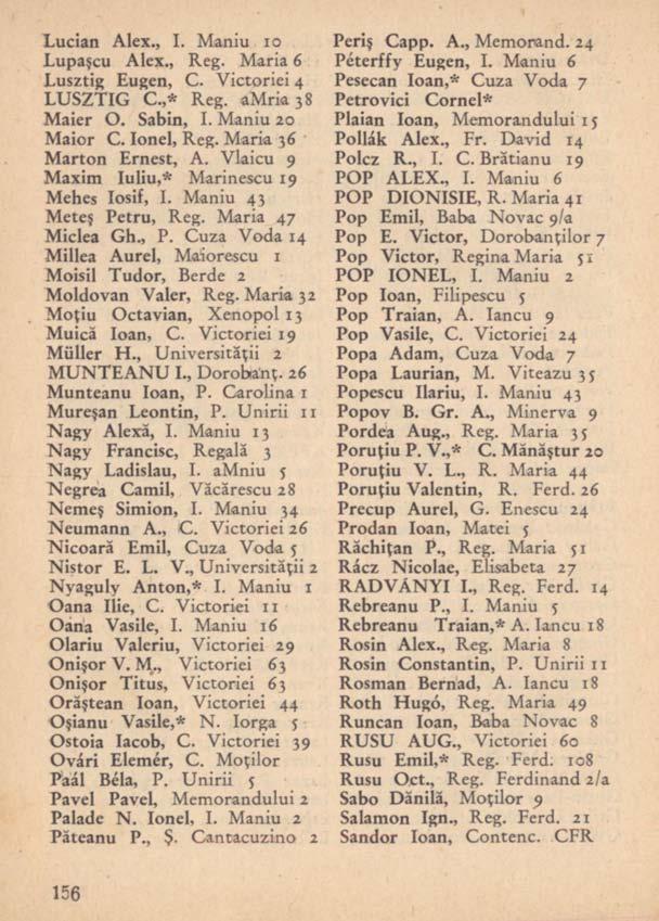 Lucian Alex., I. Maniu 10 Lupaşcu Alex., Reg. Maria 6 Lusztig Eugen, C. Victoriei 4 LUSZTIG C.,* Reg. amria 38 Maier O. Sabin, I. Maniu 20 Maior C. Ionel, Reg. Maria 36 Marton Ernest, A.