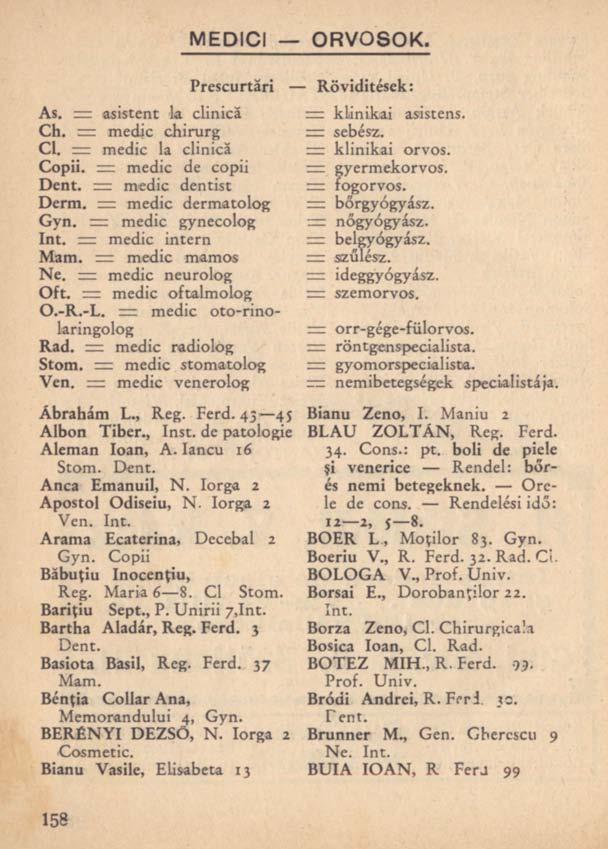 MEDICI ORVOSOK. Prescurtări Rövidítések: As. = asistent la clinică Ch. = medic chirurg Cl. = medic la clinică Copii. =z medic de copii Dent. = medic dentist Derm. = medic dermatolog Gyn.