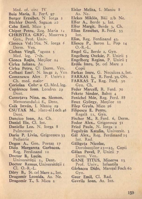 Med. of. circ IV Buia Maria, R. FeH. 97 Burger Erzsébet, N Iorga 2 Biichler Dezső, Sagu.ia 20 Caba Emil, Mico 3 Chiper Petru, S.eg. Maria la CHRISTEA GRIG, Minerva 3 Gyn., Prot. Univ. Cimoca Val;!riu.