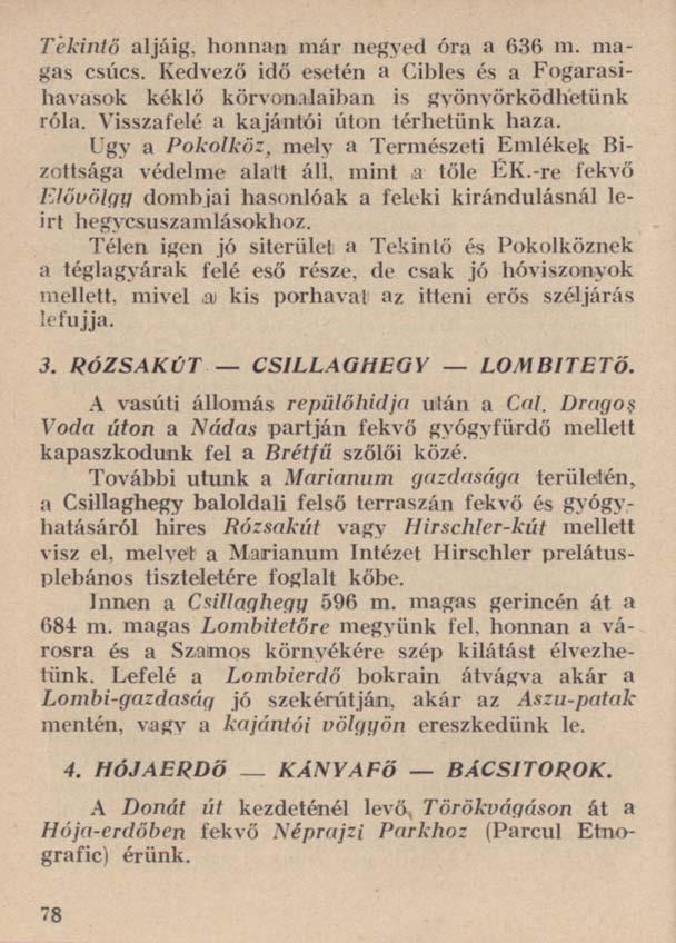 Tekintő aljáig, honnan már negyed óra a 636 m. magas csúcs. Kedvező idő esetén a Cibles és a Fogarasihavasok kéklő körvonalaiban is gyönyörködhetünk róla. Visszafelé a kajántói úton térhetünk haza.