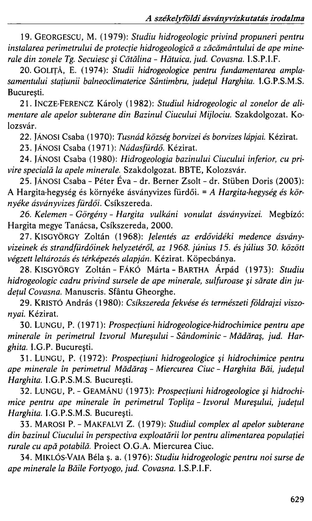 A székelyföldi ásványvízkutatás irodalma 19. GEORGESCU, M.