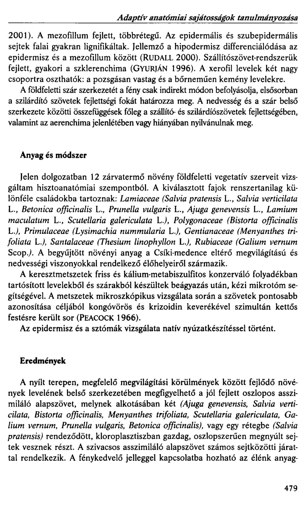 Adaptív anatómiai sajátosságok t.anulmányozása 2001 ). A mezofillum fejlett, többrétegű. Az epidermális és szubepidermális sejtek falai gyakran lignifikáltak.