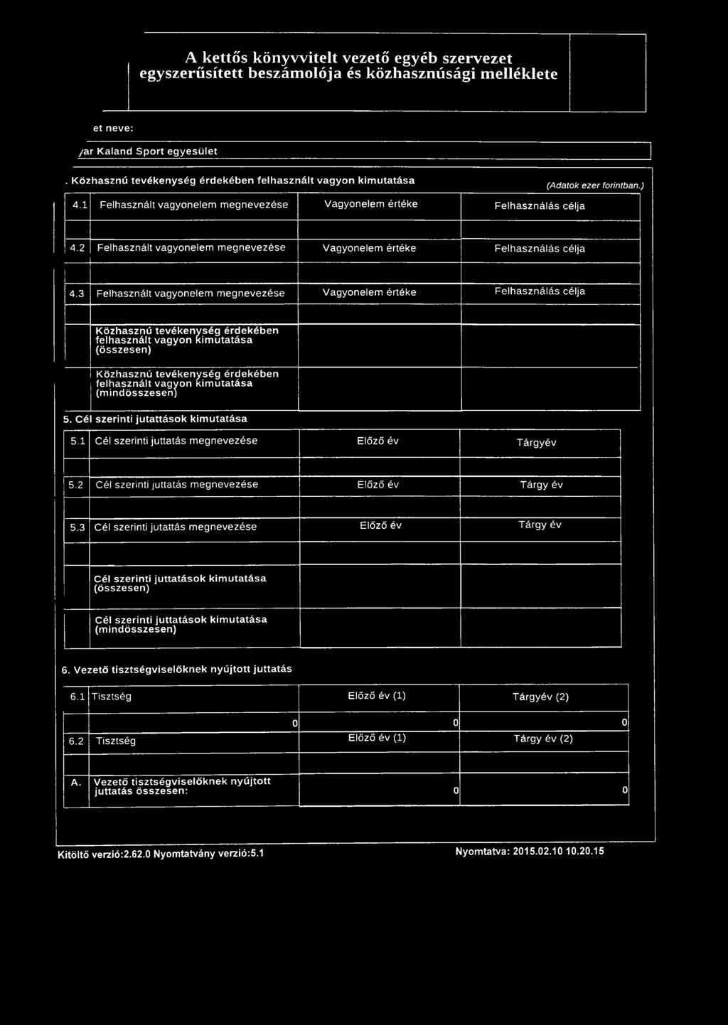 3 Felhasznált vagyonelem m egnevezése Vagyonelem értéke Felhasználás célja K özh a szn ú tevékenység érdekében felhasznált vagyon Kimutatása (össze sen) K özh aszn ú te v é k e n y s é g é rd e k é b