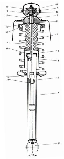 298 GÉPJÁRMŰ-FUTÓMŰVEK I. 5.51. ábra: A Sachs által gyártott rugós tag a VW modellekhez, Golf (III, 1996) és Vento. Tekercsrugóval (1), és a metszeti ábrán jól felismerhető kirugózási ütközővel (2).