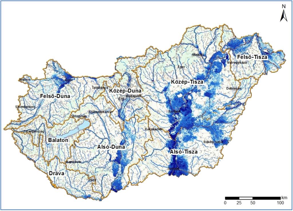 10. ábra: Árvízveszélyes területek hazánkban - Az országos 1 %-os elöntési térkép (100 évente egyszer legalább előforduló, amely a MÁSZ alapját képezi) [48] Ráadásul a klímaváltozás következtében már