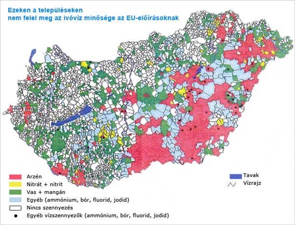 17. ábra: A 2006-os határidő lejárta után is határérték feletti szennyezőket tartalmazó ivóvizek Magyarországon.