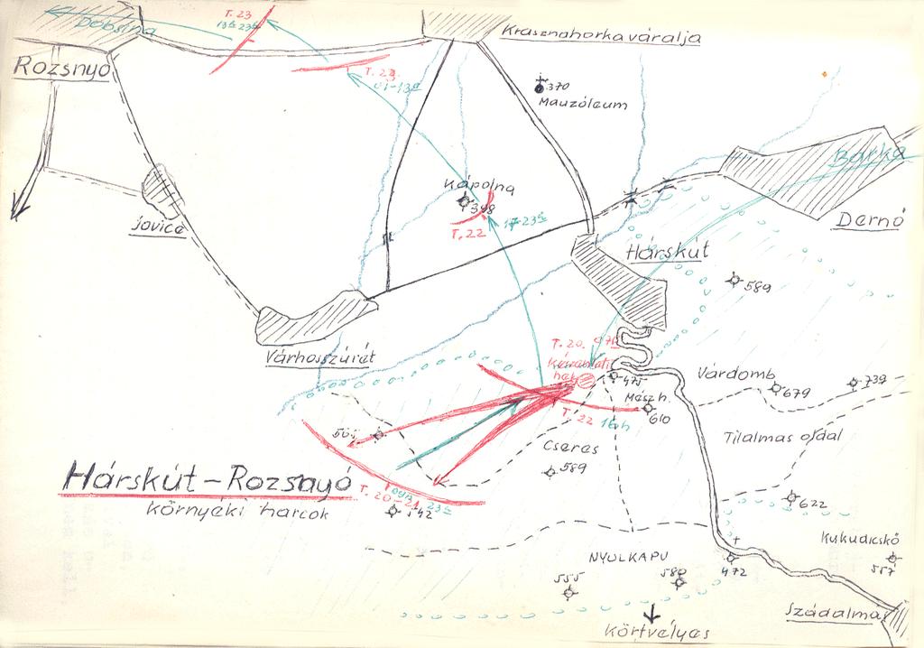 Hárskút Rozsnyó környéki harcok M = 1 : 25.000??? üldözve hamarosan elérik a támadási célt is, ahol azonnal beássák magukat, már amennyire lehet a fagyos és köves talajba.