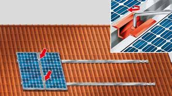 Solar rögzítőrendszer szerelési útmutató 7. lépés A középleszorítót pattintsa a szerelősínre és tolja a modulhoz.