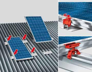 Solar rögzítőrendszer szerelési útmutató 2. lépés A végleszorítót a szerelősínen a modulhoz kell tolni.