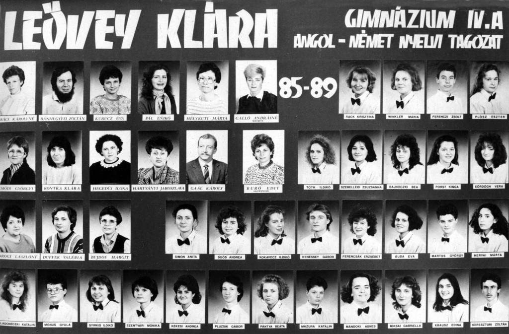 1985-1989 Tablók könyve 1988/89. tanév, IV. A Diákok soronként: 1. sor: Rack Krisztina, Winkler Mária, Ferenczi Zsolt, Plósz Eszter; 2.
