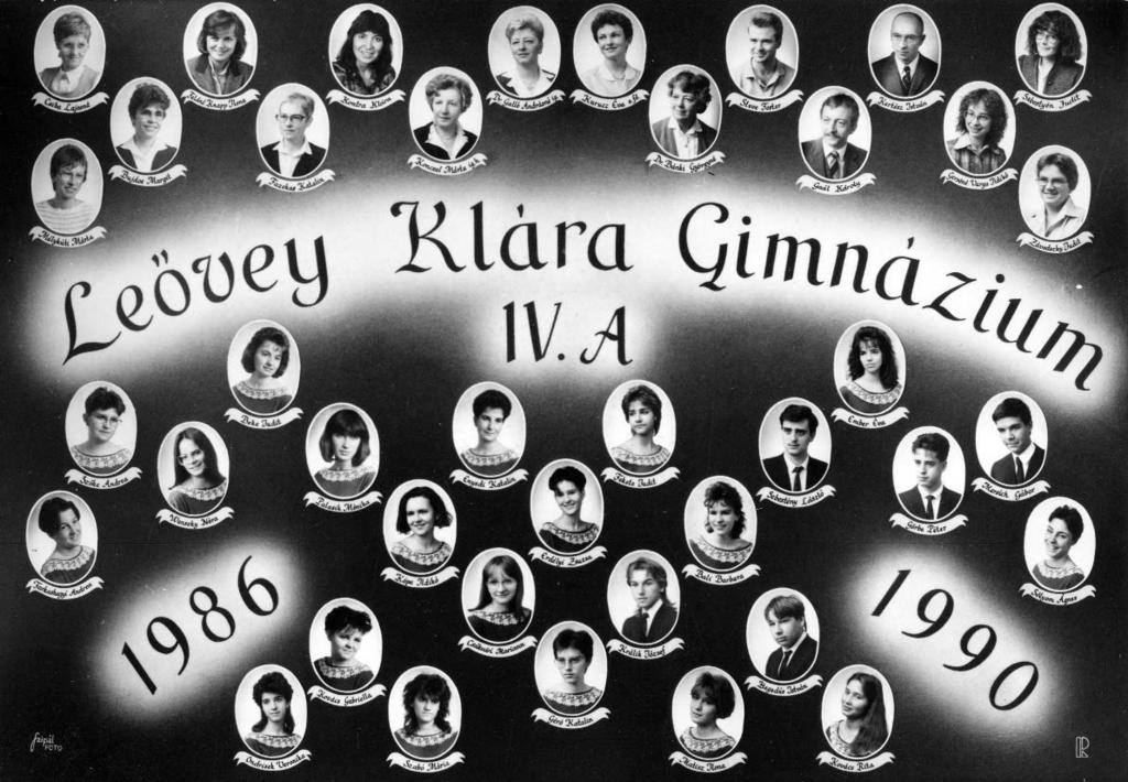 1986-1990 Tablók könyve 1989/90. tanév, IV. A Diákok soronként: 1. sor: Szőke Andrea, Beke Judit, Ember Éva, Mersich Gábor; 2.