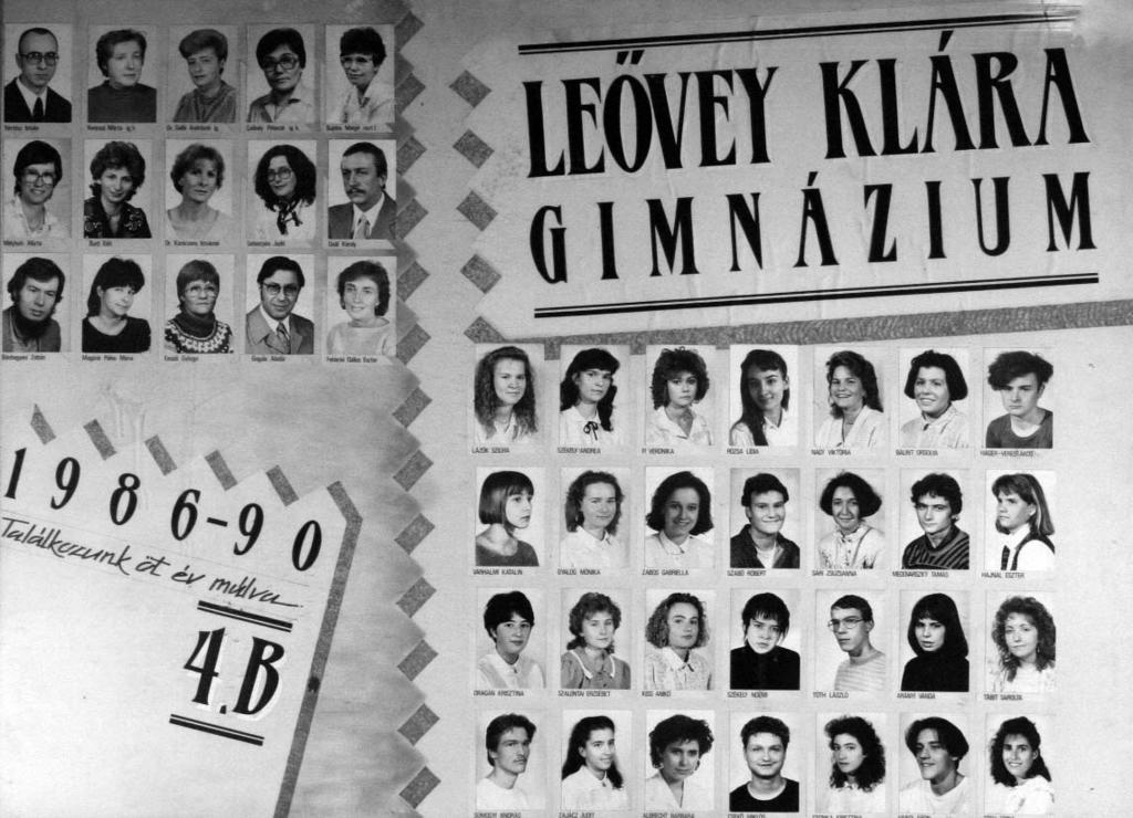 135 1989/90. tanév, IV. B Diákok soronként: 1. sor: Lázók Szilvia, Székely Andrea, Fi Veronika, Rózsa Lídia, Nagy Viktória, Bárint Orsolya, Háger-Veress Ákos; 2.