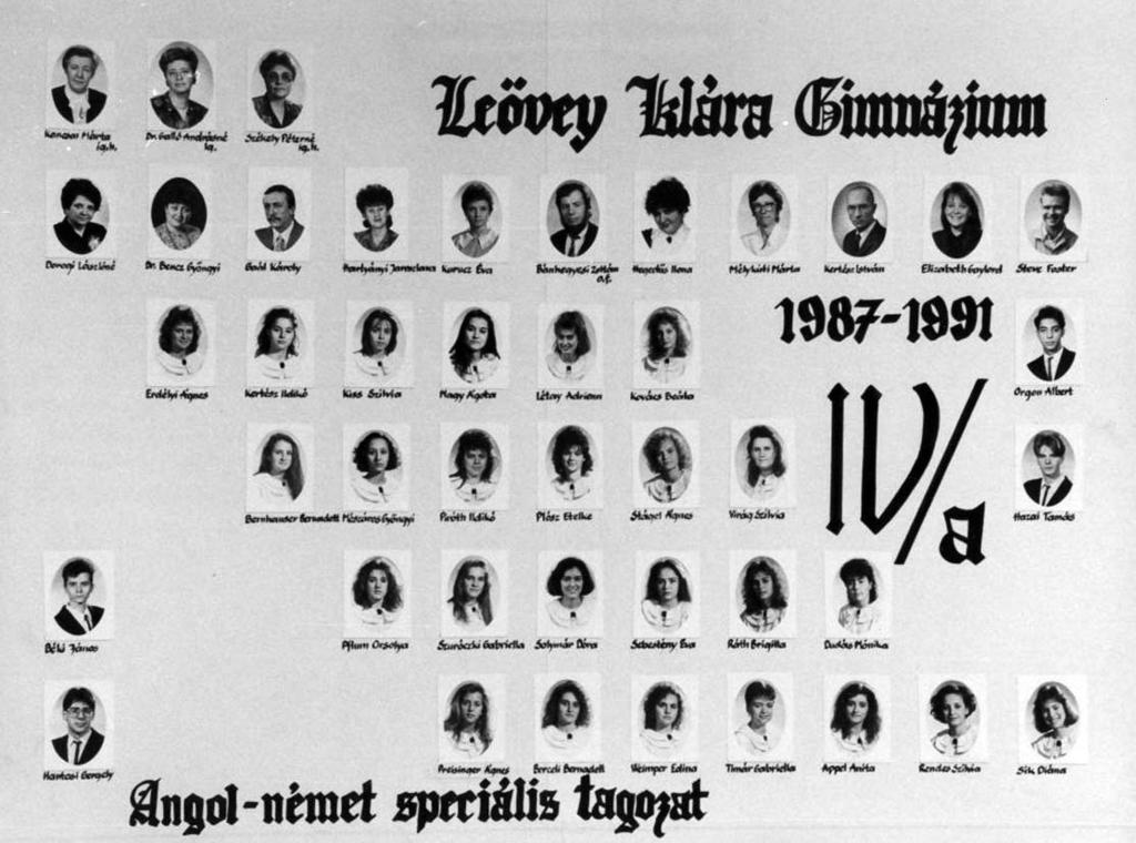 1987-1991 Tablók könyve 1990/91. tanév, IV. A Diákok soronként: 1. sor: Erdélyi Ágnes, Kertész Ildikó, Kiss Szilvia, Nagy Ágota, Létay Adrienn, Kovács Beáta, Orgon Albert; 2.