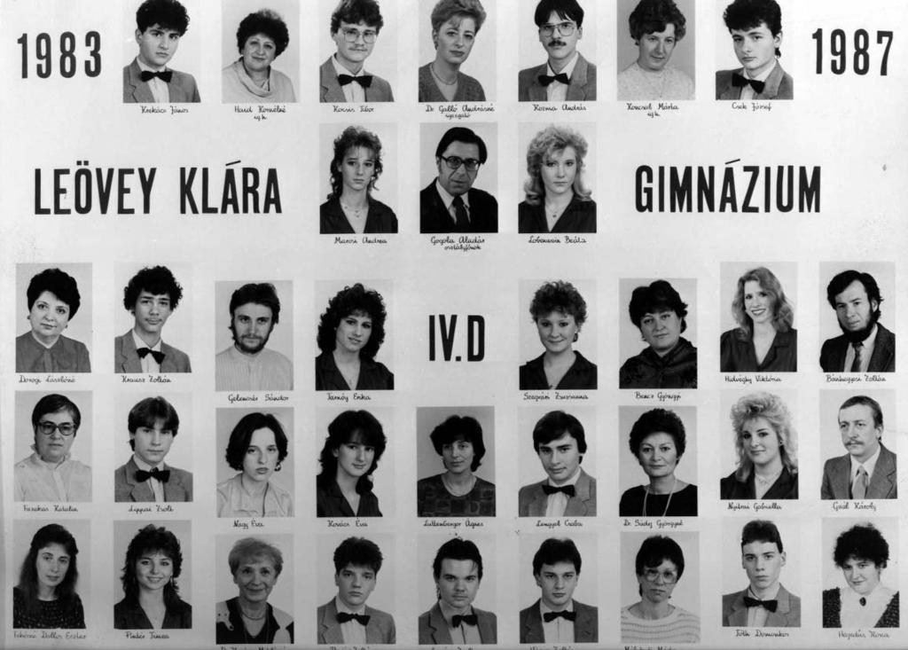 125 1986/87. tanév, IV. D Diákok soronként: 1. sor: Krekács János, Kocsis Tibor, Kozma András, Csek József; 2. sor: Marosi Andrea, Lobenwein Beáta; 3.