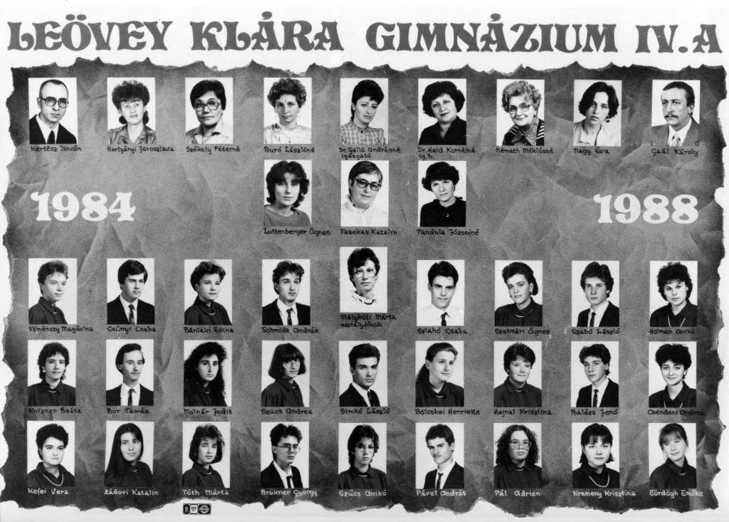 1984-1988 Tablók könyve 1987/88. tanév, IV. A Diákok soronként: 1. sor: Kéménczy Magdolna, Csányi Csaba, Bánlaki Edina, Schmidt András, Szlahó Csaba, Szatmári Ágnes, Szabó László, Holman Anikó; 2.
