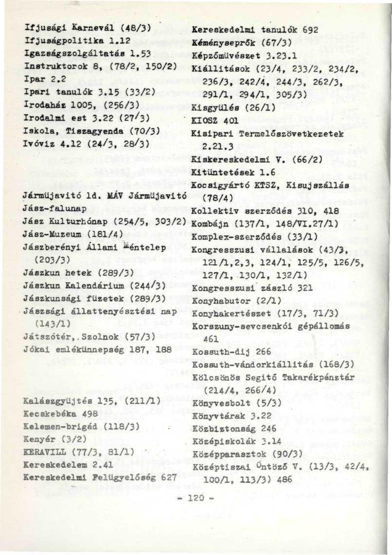 Ifjúsági Karnevál (48/3) Ifjúságpolitika 1.12 Igazságszolgáltatás 1.53 Instruktorok 8, (78/2, 150/2) Ipar 2.2 Ipari tanulók 3.15 (33/2) Irodaház 1005, (256/3) Irodelmi est 3.
