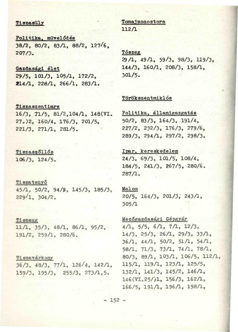 Politika, művelődés 38/2, 80/2, 83/1, 88/2, 207/3. Gazdasági élet 29/5, 101/3, 105/1, 172/2, Í14A, 228/1, 266/1, 283/1. TiszaszentImre 16/3, 71/5, 81/2,104A, 148(VI. 27.