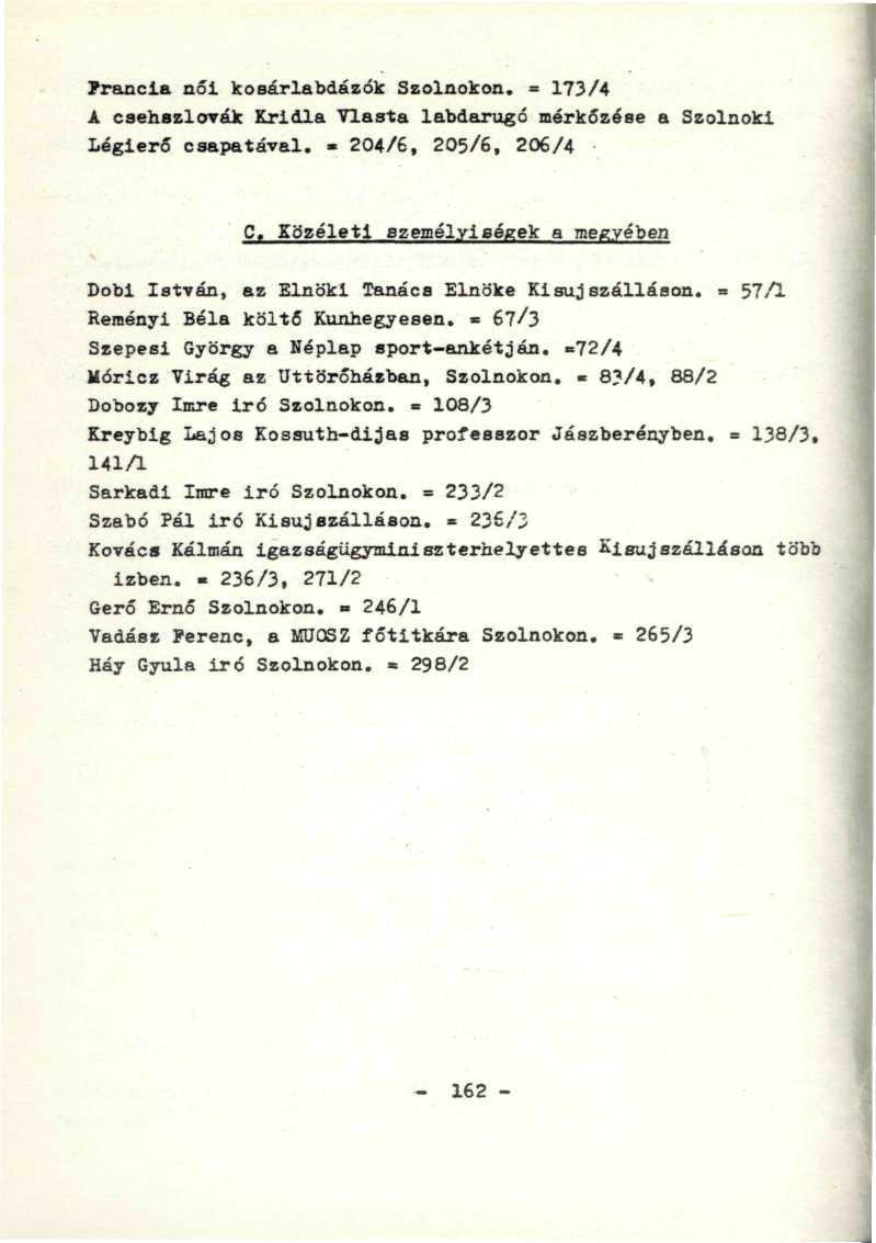 ?rancia női kosárlabdázók Szolnokon. = 173/4 A csehszlovák Krldla Vlasta labdarugó mérkőzése a Szolnoki Légierő csapatával. - 204/6, 205/6, 206/4. ; '."-[ C.