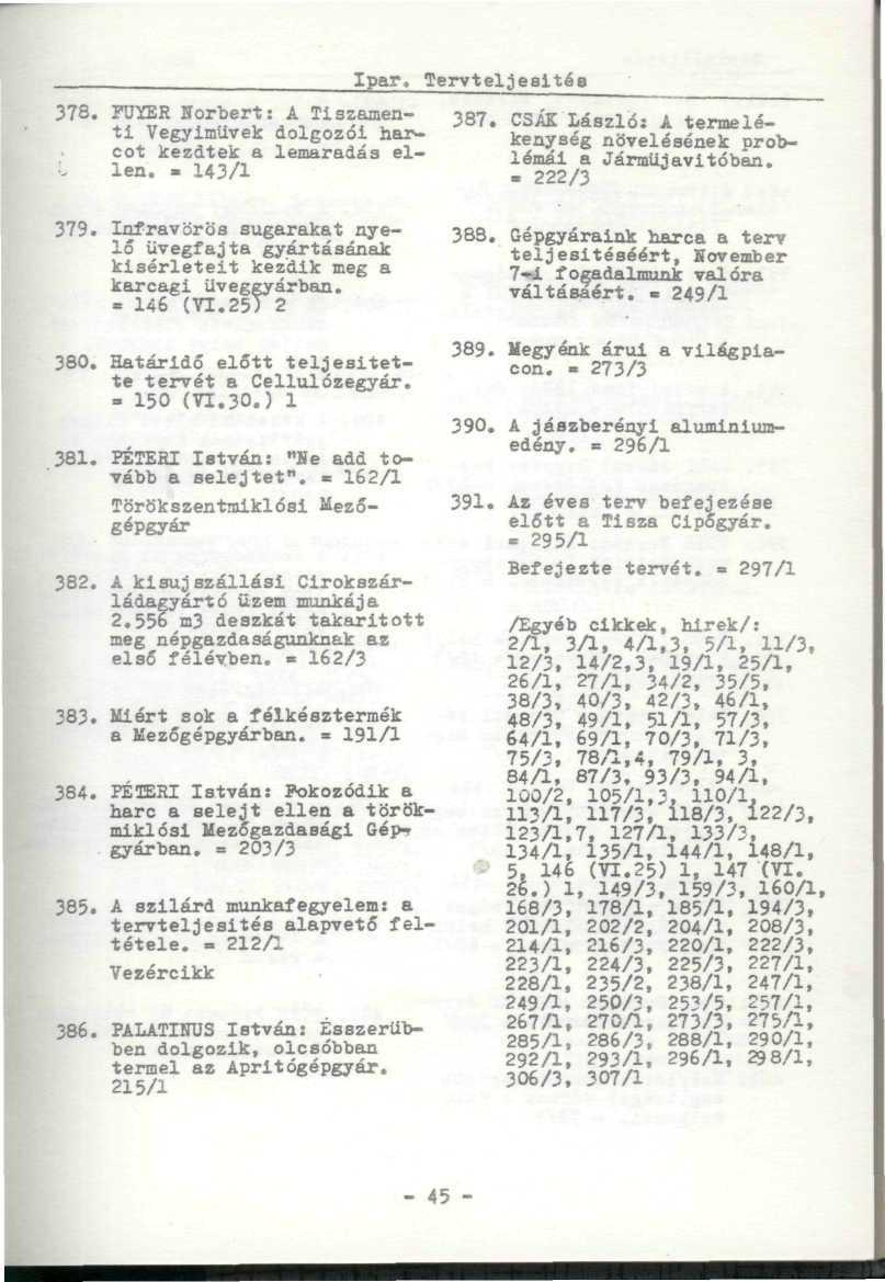 378. HJYER Horbert: A Tiszamenti Vegyiművek dolgozói harcot kezdtek a lemaradás elv len.» 143/1 Ipar. Tervteljealtés 387. CSÍK László: A termelékenység növelésének problémái a Járműiavitóban.