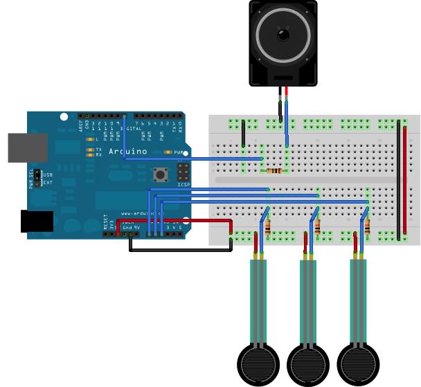 7. Példák digitális pinekhez 183 7.8.3. ábra: analóg billentyűzet bekötése Arduino kód: A kód kiolvassa a szenzorok értékeit mindegyik egy hangnak felel meg a hangértékeket tároló tömbben.