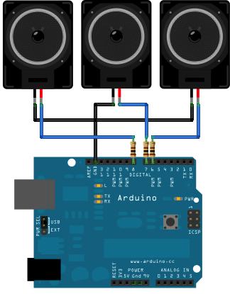 7. Példák digitális pinekhez 185 7.9.1. ábra: Több hangszóró bekötése Arduino kód: /* Multiple tone player Több hangot egymás után több hangszórón játszik le.