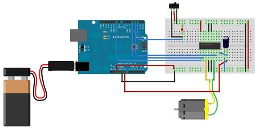 260 Fizikai számítástechnika: elektronikai alapok és Arduino programozás Összeépítés: próbapanelen, egy motorral, de most a 9 V elemet ne kössük rá, mert az USB kábel is elég ahhoz, hogy forogjon egy