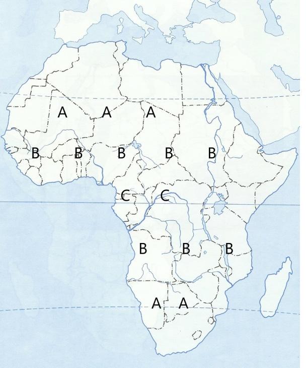 Afrika felett repülve, végig gondolhattuk éghajlatát a forró éghajlati övezetben. Az alábbi térképvázlat betűi jelzik a különböző éghajlatokat.