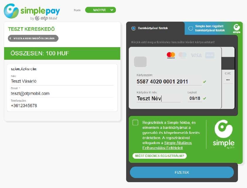 Fizetés a SimplePay felületen a Simple rendszerében tárolt