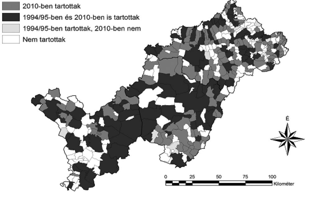 Cigány kisebbségi önkormányzatok az Észak-alföldi régió településein, 1994/95-ben és 2010-ben önkormányzat, vagyis megduplázódott a számuk 1994/95-höz képest (a változásokat a 4. ábra mutatja).