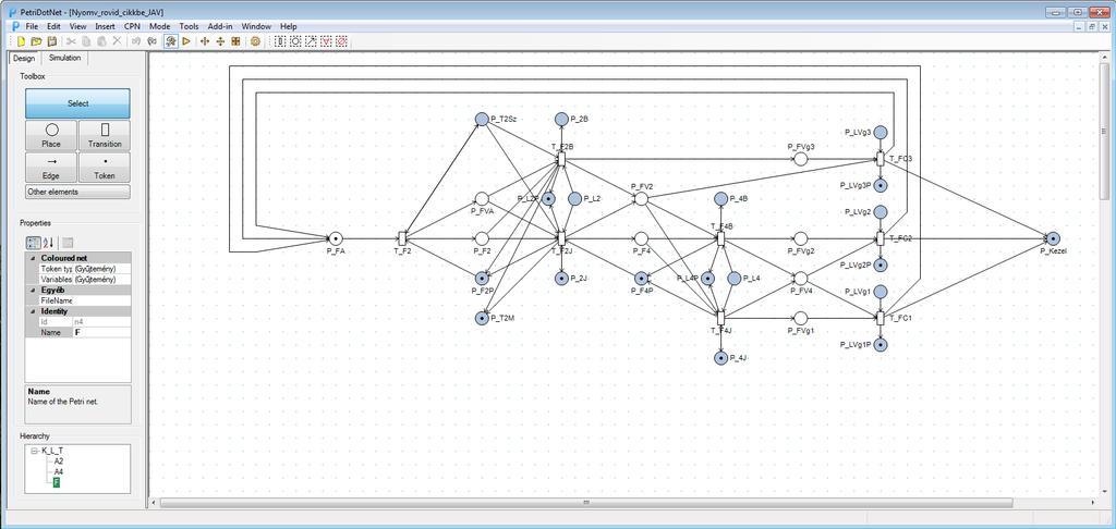 14. ábra A PetriDotNet modellezői felülete Az elkészült modelleken a szimuláció a PetriDotNet eszköz szimuláció módba váltásával futtatható. (15.