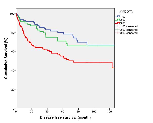 p1-2=0.423 p1-3<0.001 p2-3<0.001 Kadota grádus Teljes túlélés (OS) Kadotagrade n (%) OS (%) 1: Low 94 (32.2) 87.4 2: Intermediate 68 (23.3) 83.3 3: High 130 (44.5) 61.