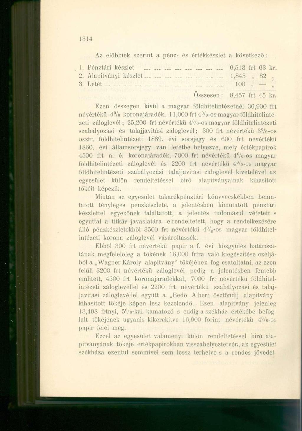 1314 Az előbbiek szerint a pénz- és értékkészlet a következő : 1. Pénztári készlet 2. Alapítványi készlet 3. Letét 6,513 frt 63 kr. 1,843 82.. 100 Összesen: 8,457 frt 45 kr.