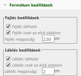 A menüpont alatt centiméterben van lehetőség megadni az iratra jellemző oldalbeállításokat, fej-, illetve lábléc paramétereket.