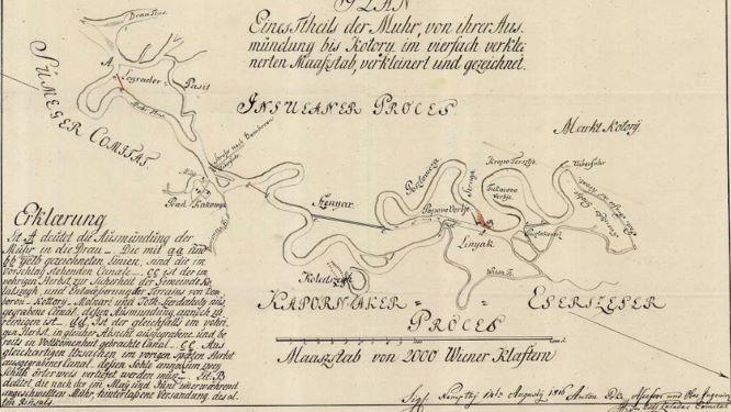 ) A következő figyelemre méltó rajz 1816-ból való, amelyen a folyó medre pontosan követi a vizsgált szakaszon az 1794-es ábrázolást (8. kép).