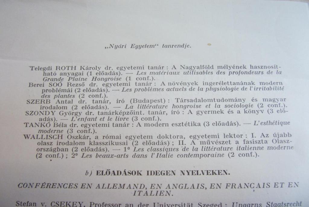 2. A Debreceni Nyári Egyetem tanrendje, 1933 (részlet benne Tankó Béla modern
