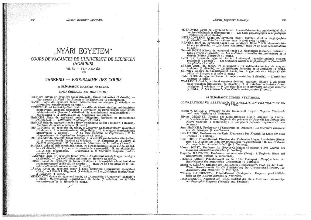 4. A Debreceni Nyári Egyetem tanrendje, 1933 (benne Tankó Béla modern esztétika előadásai)