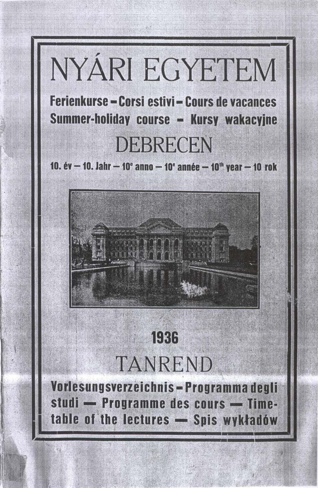 7. A Debreceni Nyári Egyetem tanrendjének füzetborítója, 1936