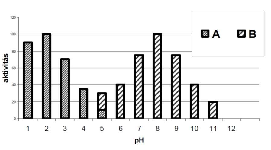 26 A ph változás hatása az enzimaktivitásra Emberből nyert emésztőnedvek (A és B) működését vizsgáltuk különböző kémhatásokon.