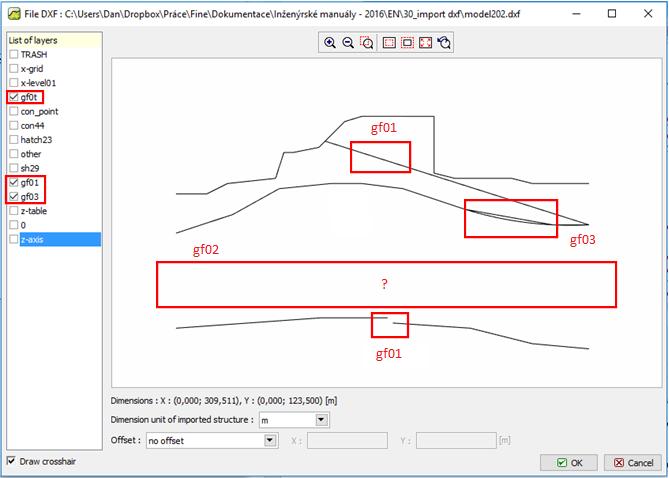 Beimportáljuk a model202.dxf nevű módosított DXF fájlt a GEO5 FEM programba (Fájl -> Importálás -> DXF formátum sablonhoz) és kikapcsoljuk az összes olyan fóliát, amire nincs szükségünk a feladathoz.