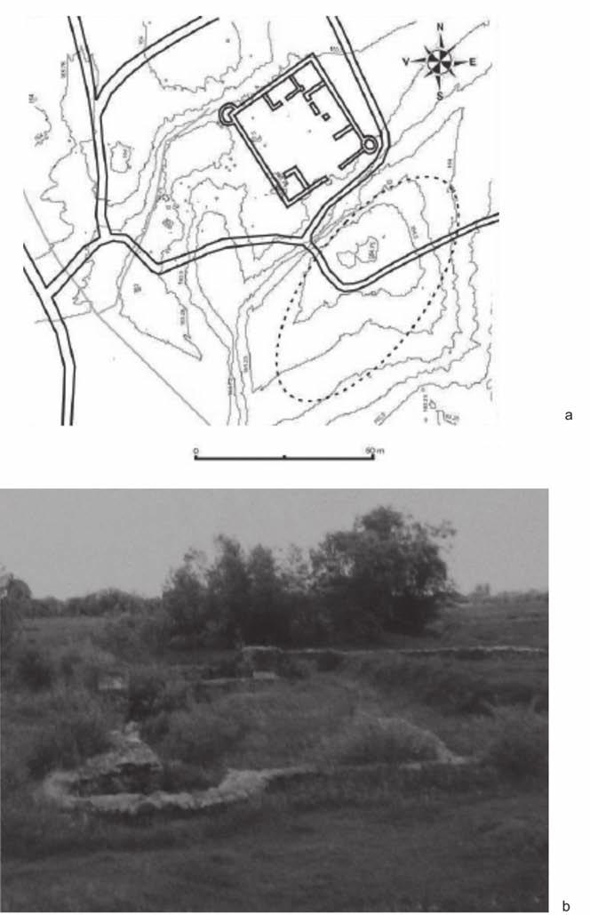 34 Kopeczny Zsuzsanna 9. kép a. A facsádi castellum topográfiai felmérése (Măruia és mások 2011, 124, 3. kép nyomán); b.