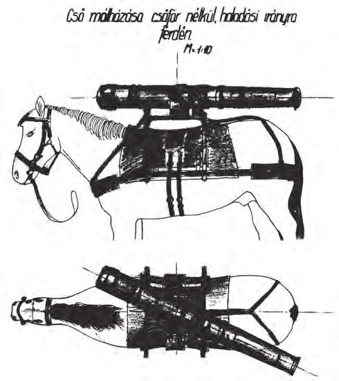 13. ábra. A HTI 120 mm-es aknavető csövének hordozására alkalmas málhanyereg terve szállítását enyhén keresztbe fordított elhelyezéssel oldották meg a tervezők.