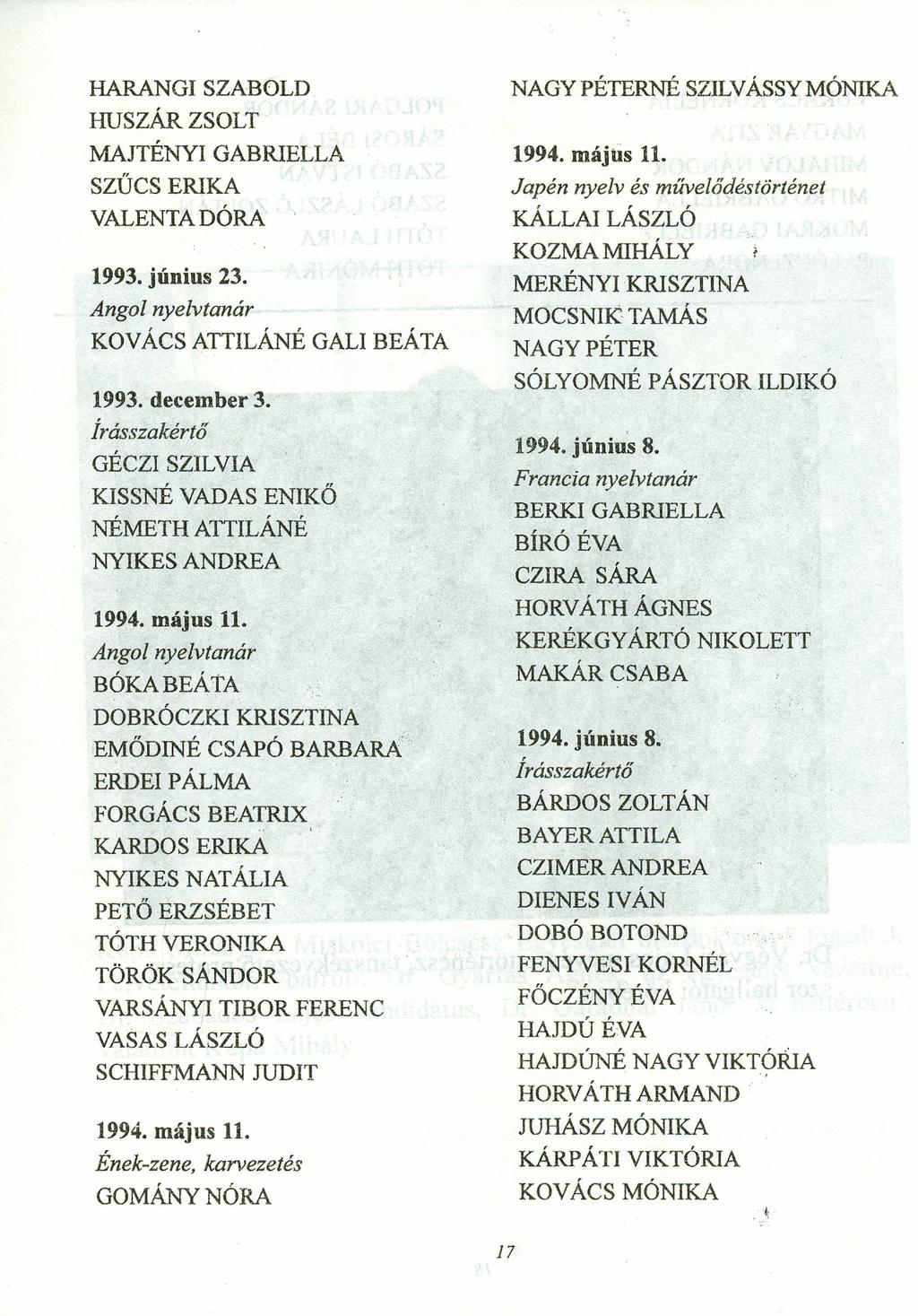 HARANGI SZABOLD HUSZÁR ZSOLT MAJTÉNYI GABRIELLA SZÜCSERIKA VALENTADÓRA 1993. június 23. Angol nyelvtanár KOVÁCS ATTILÁNÉ GALl BEÁ TA 1993. december 3.