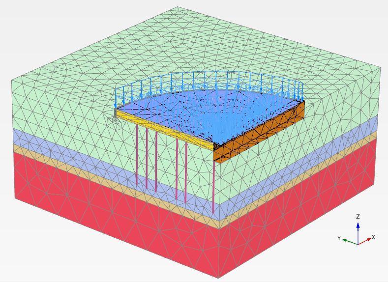 HSsmall (Hardening Soil modell with small-strain stiffness) anyagmodellt használtuk a talajszerkezet modellezésére.
