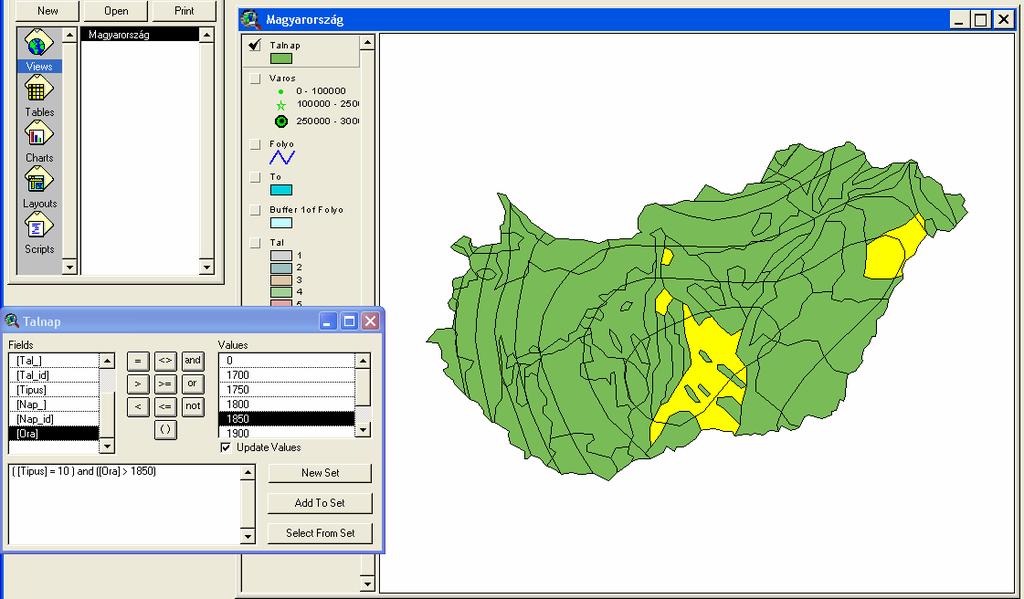 A másik lényeges művelet az átfedésvizsgálat (angolul overlay). Ez mindig két téma közötti művelet, az egyik témának poligonokat kell tartalmaznia.
